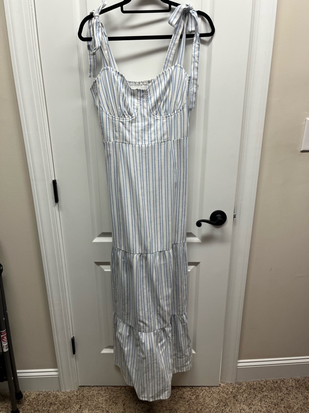 Blue and White Striped Tie-Shoulder Maxi Dress